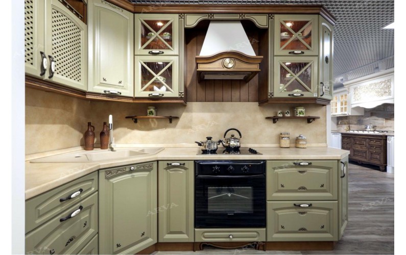 Кухня в стиле прованс оливковкового цвета.